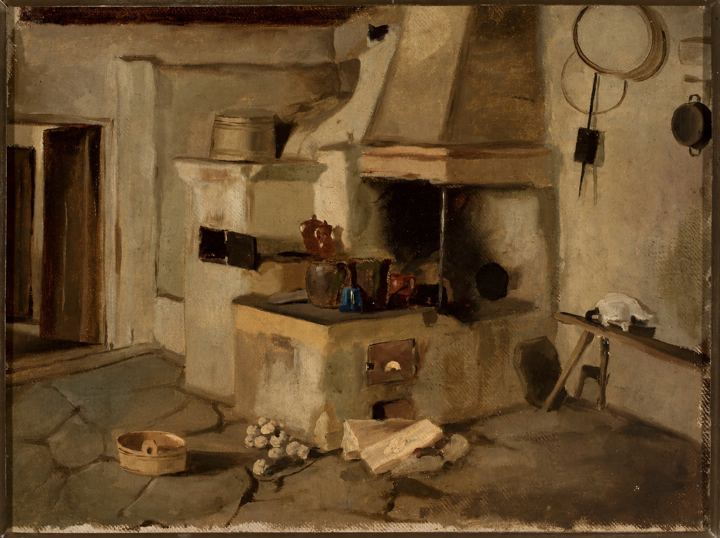 A painting of a Slavic pech made of plaster with ceramics on it. Wood on the stone floor. Folk items scattered about. Based upon a painting by a Polish artist.